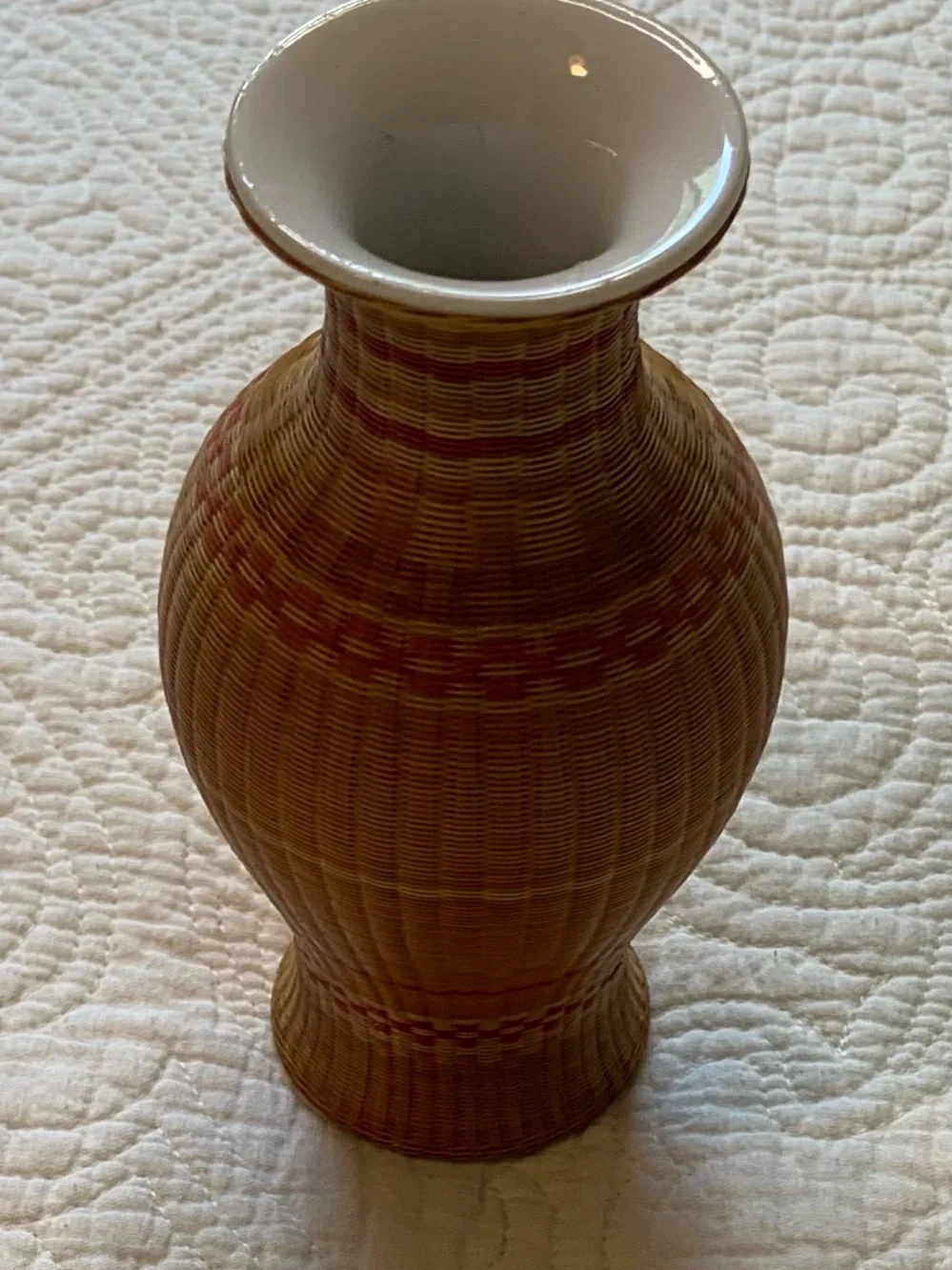 Vintage Chinese FINE Rattan Bamboo Woven Porcelain Vase